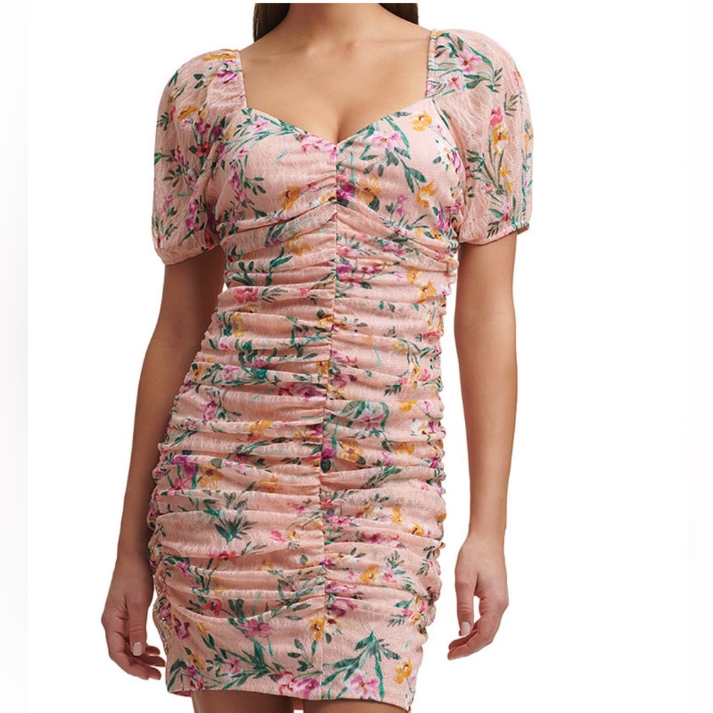 Floral laced ruched dress